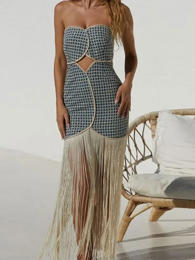 Tassels Sexy Cut Out Off Shoulder Dresses For Women Back Zipper Strapless Slim Sleeveless Patchwork Club Robe Lady Festival Robe Blue