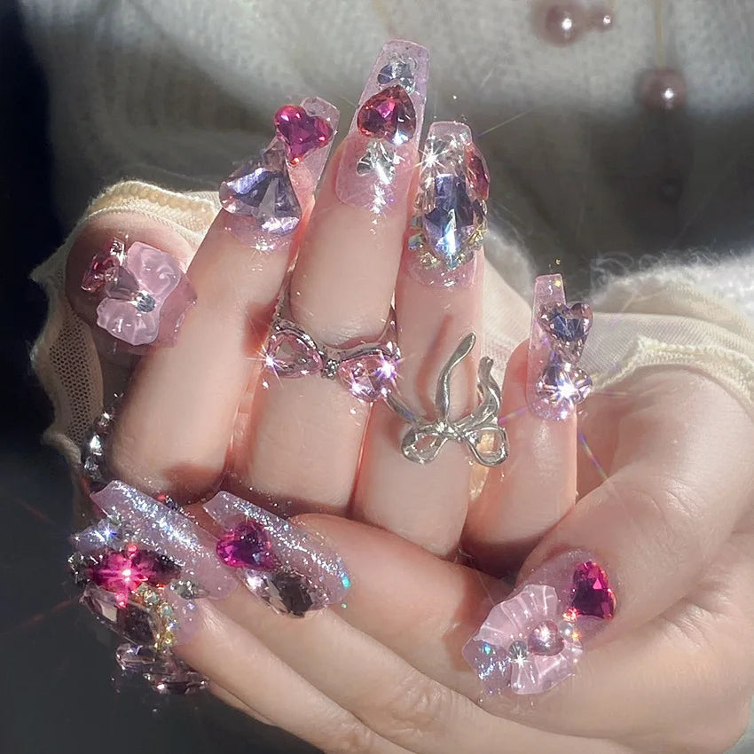 24pcs Love Crystal Decor Press on Nails Pink Bow Design Fake Nail Tips Bride Wedding Wearable Shiny Coffin Head Fake Nails