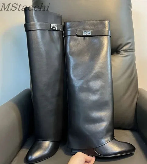 Shark Lock Women Boots Brand Design Genuine Leather Slip-on Knee High Boots For Woman Motorcycle Botas Mujer Fashion Wedge Shoes black leather