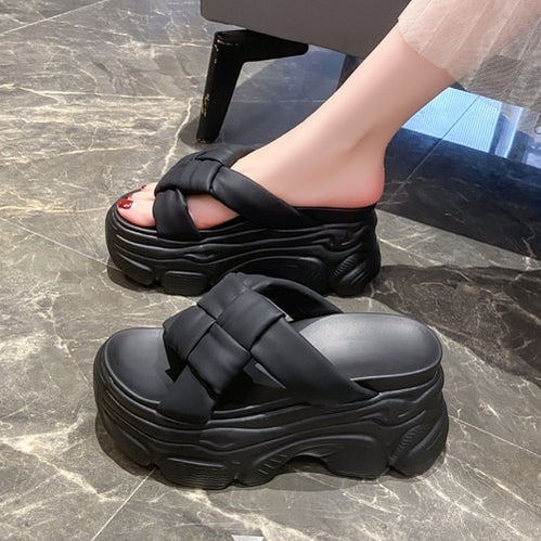 Thick Soles Leather Sandals Women 7.5CM High Platform Slippers Solid Color Woman Chunky Summer Casual Beach Slides Zapatos Mujer Black