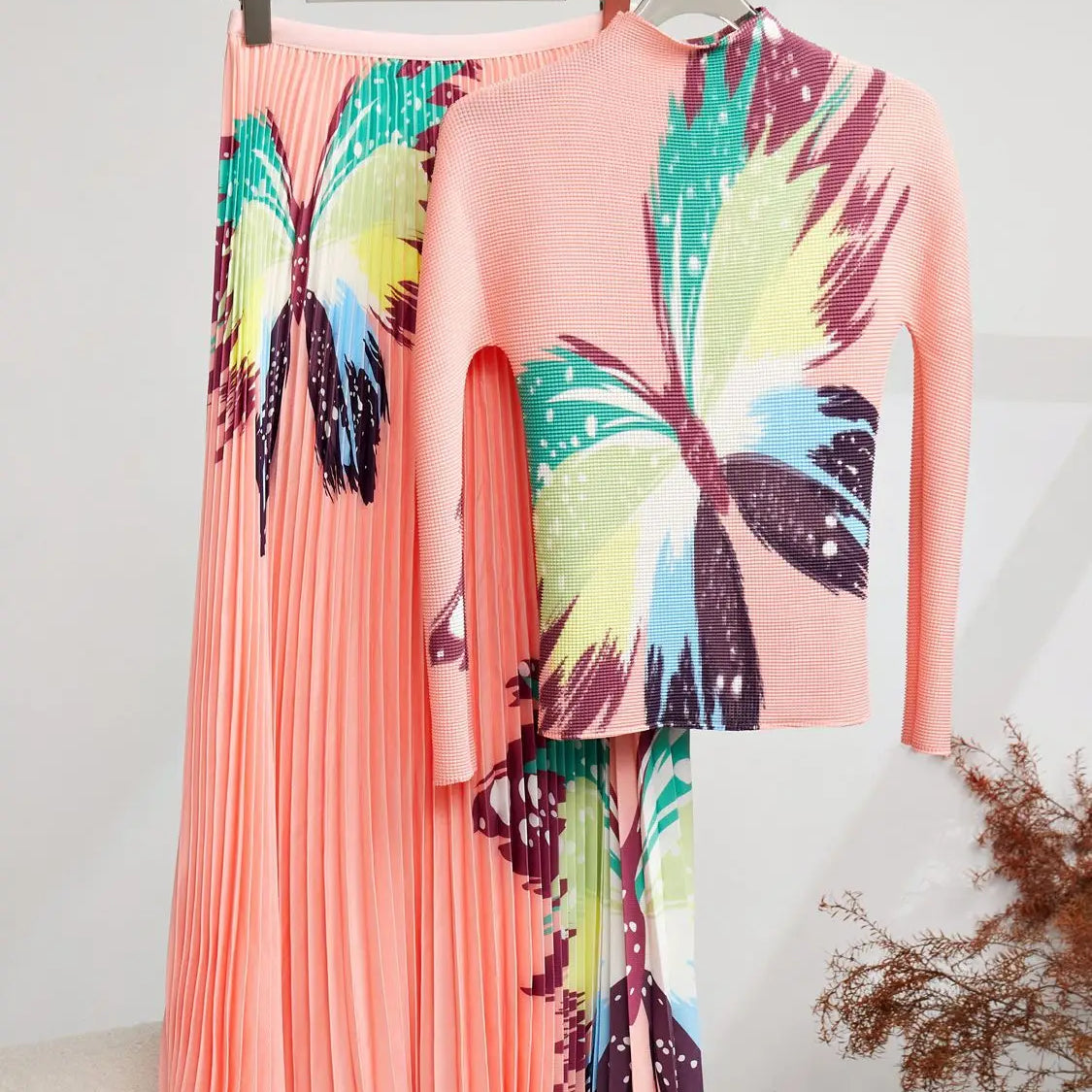 Spring Autumn Runway 2 Pieces Sets Women's Turtleneck Flower Print Stretch Pullover Top＋Long Pleated Skirt Suit Female Outfits as picture 4