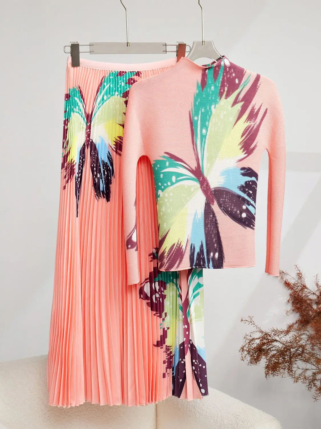 Spring Autumn Runway 2 Pieces Sets Women's Turtleneck Flower Print Stretch Pullover Top＋Long Pleated Skirt Suit Female Outfits as picture 4