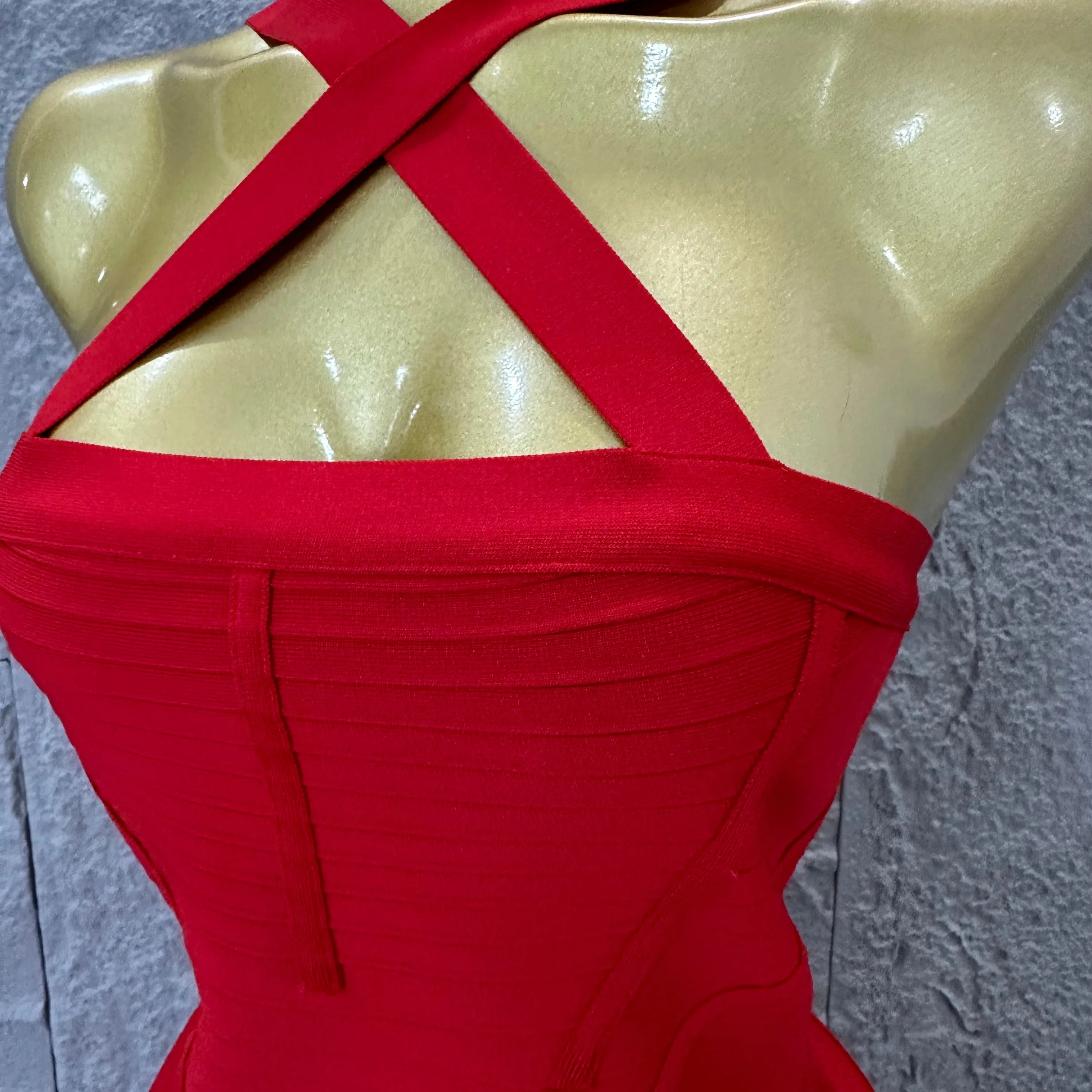 Elegant Red Halter Neck Mini Dress Women Sexy Criss Cross Strap Bandage Form-Fitting Outfit Cocktail Party Costume