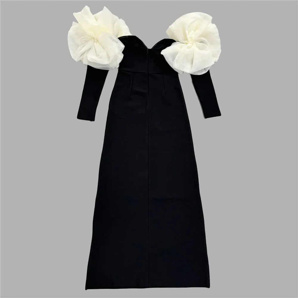 Black Red Color Women Sexy Off the Shoulder Long Sleeve Florals Bodycon Long Bandage Dress Celebrate Evening Party Outfit black