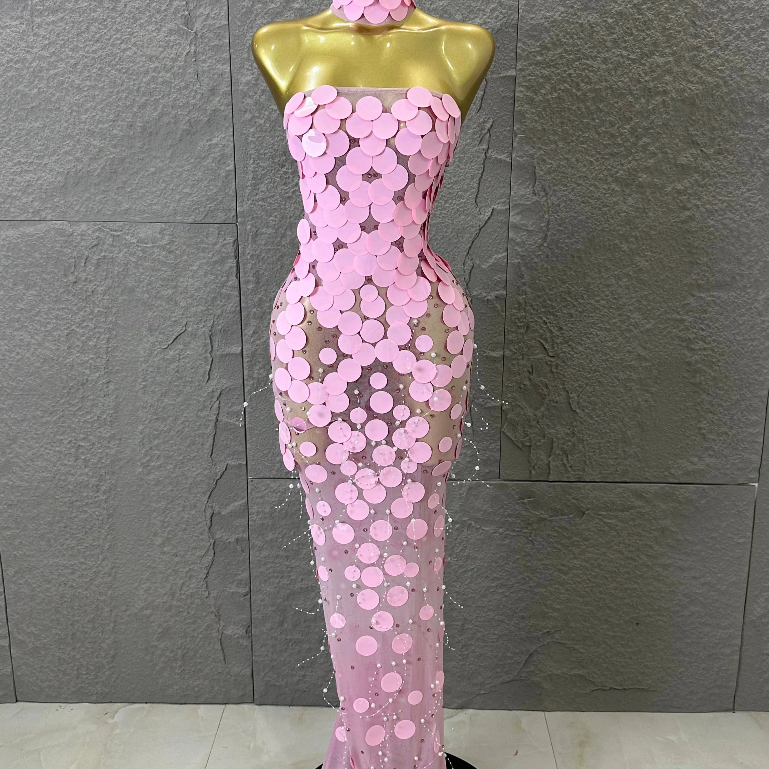Sexy Pink Halter Neck Slim-fit Maxi Dress Women Pink Disc Pearl Mermaid Outfit Wedding Guest Evening Party Nightclub Costume