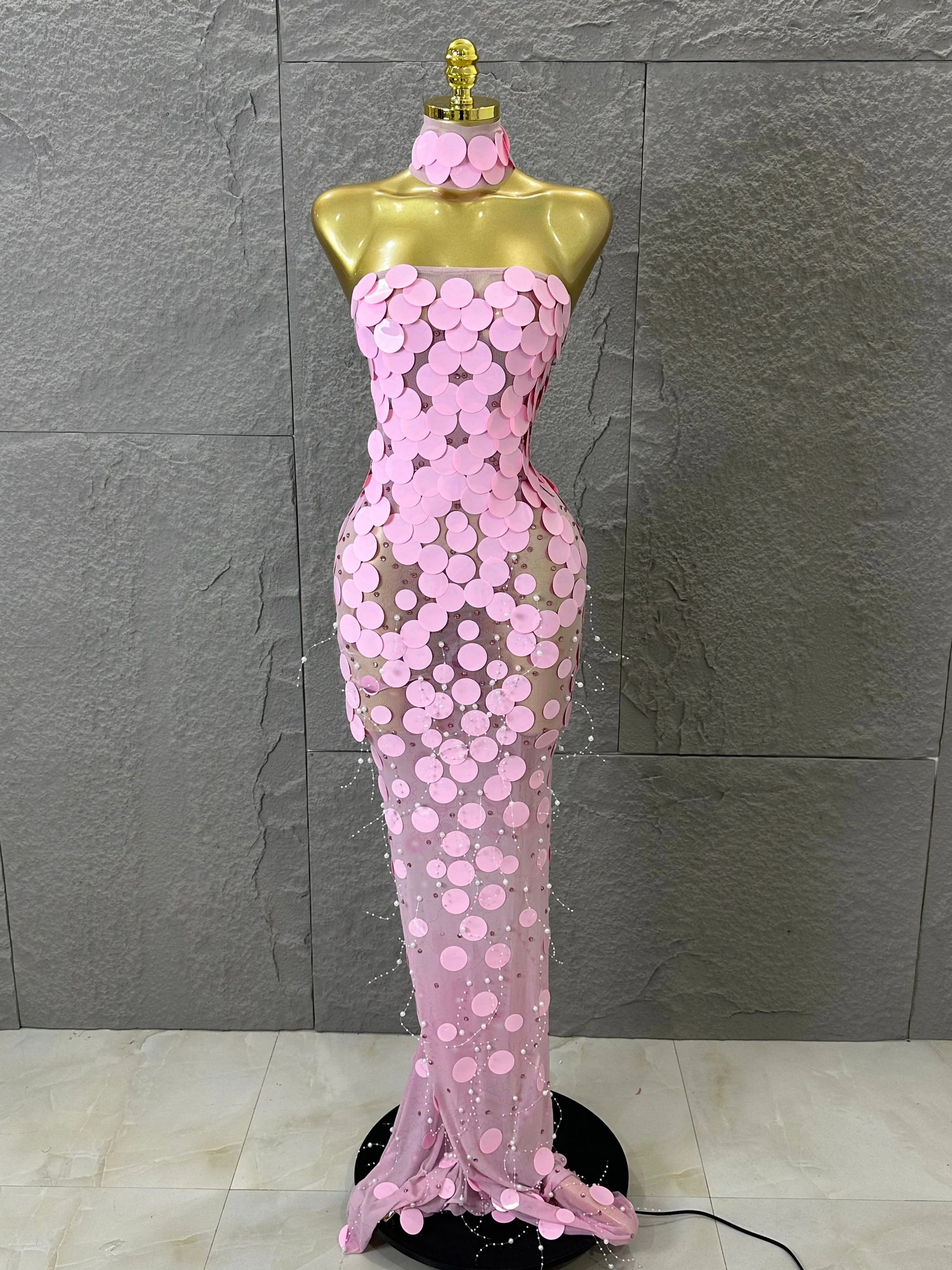 Sexy Pink Halter Neck Slim-fit Maxi Dress Women Pink Disc Pearl Mermaid Outfit Wedding Guest Evening Party Nightclub Costume