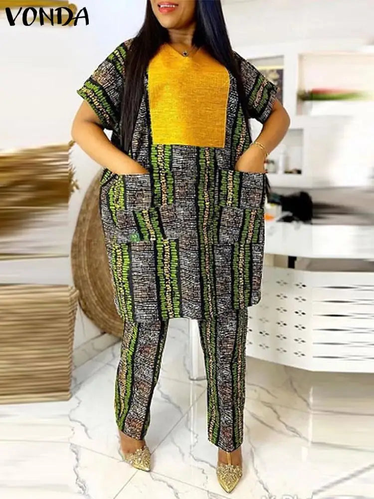 VONDA Plus Size 5XL Women Pant Sets 2024 Elegant Printed Patchwork Trousers Suits Vintage Tops and Wide Leg Pants Matching Sets