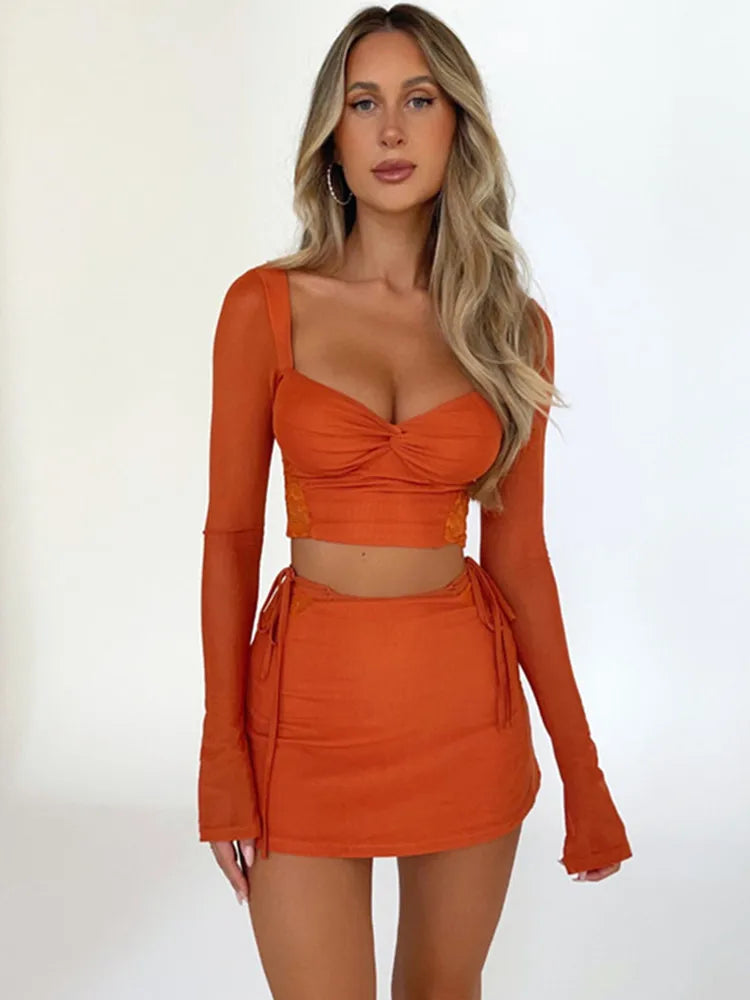 hirigin Women Summer 2 Pieces Outfits Solid Color Sweetheart Neckline Long Sleeve Crop Tops and Side Tie-Up Mini Skirts Set Orange