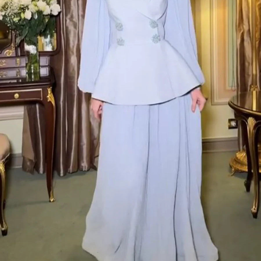 Slimming Two Piece Sets for Women Lapel Long Sleeves Spliced Double Bteasted Top Patchwork Mesh Skirt Female New BLUE