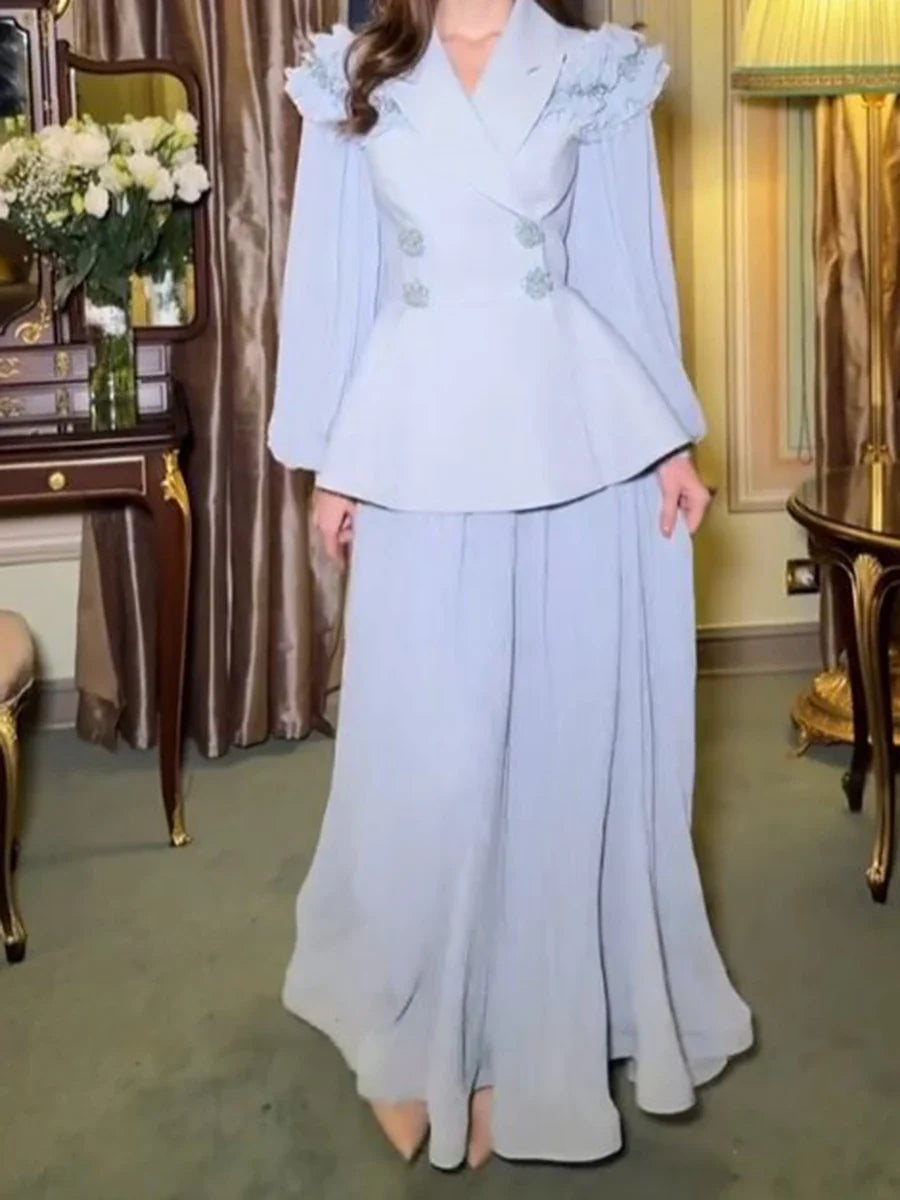 Slimming Two Piece Sets for Women Lapel Long Sleeves Spliced Double Bteasted Top Patchwork Mesh Skirt Female New BLUE