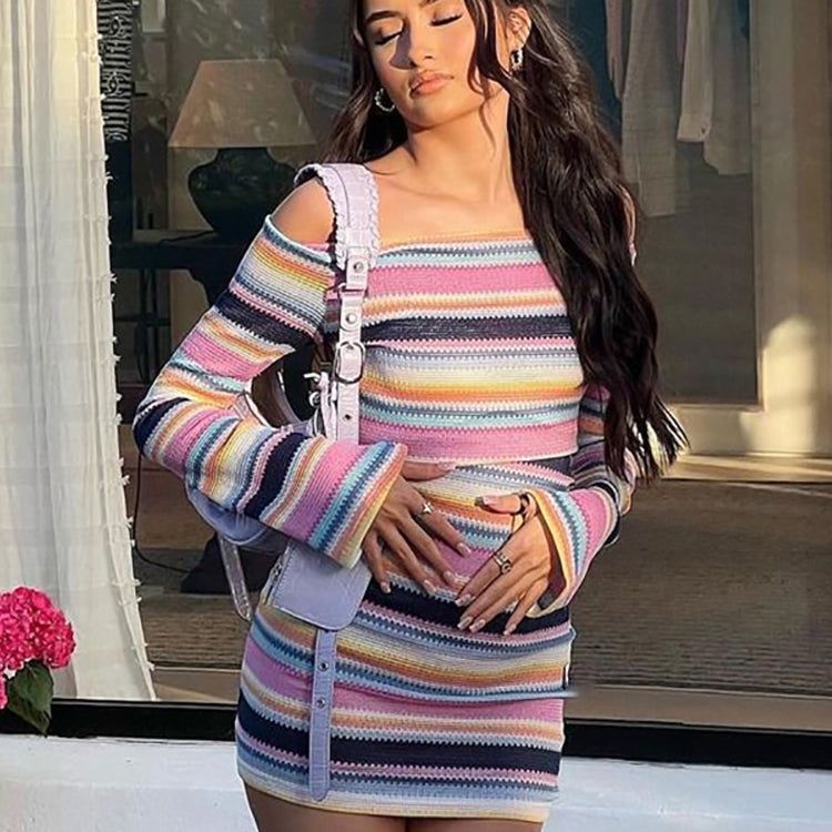 Simenual Colorful Striped Knitted Sexy Dresses for Women Slash Neck Long Sleeve Skinny Slim Mini Dress Fall Y2k Clubwear Jurks
