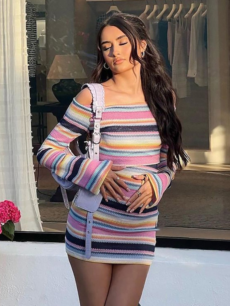 Simenual Colorful Striped Knitted Sexy Dresses for Women Slash Neck Long Sleeve Skinny Slim Mini Dress Fall Y2k Clubwear Jurks