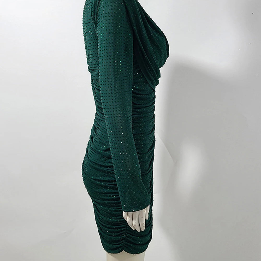 2025 New Rhinestone Long Sleeve Sexy Mini Dress For Women Fashion Shawl Collar Bodycon Club Dress Elegant Female Party Clothes