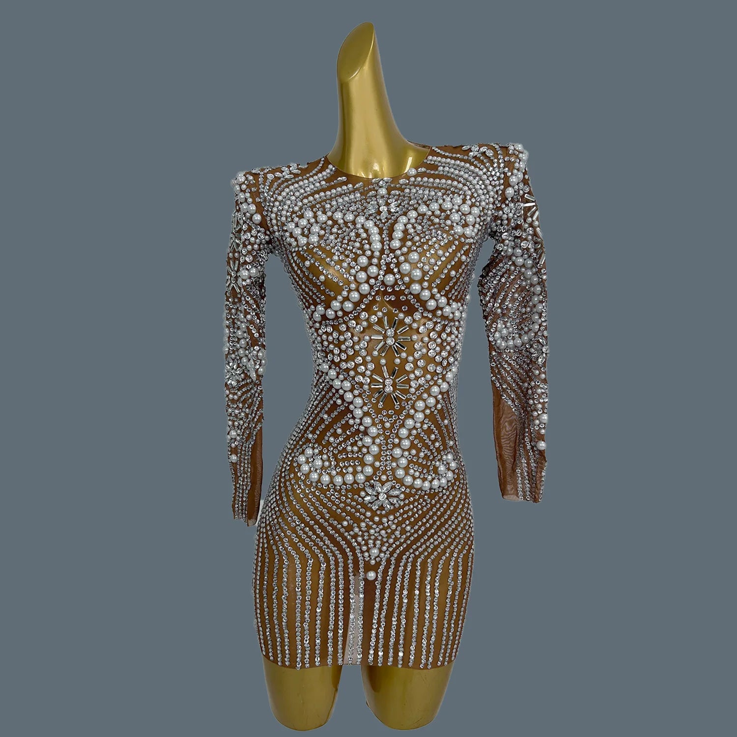 Elegant Sparkly Rhinestone Pearls Tight Short Dress for Sexy Women Luxury Dinners Party Sheer Mesh Club Chic Event Dress Huaban Brown