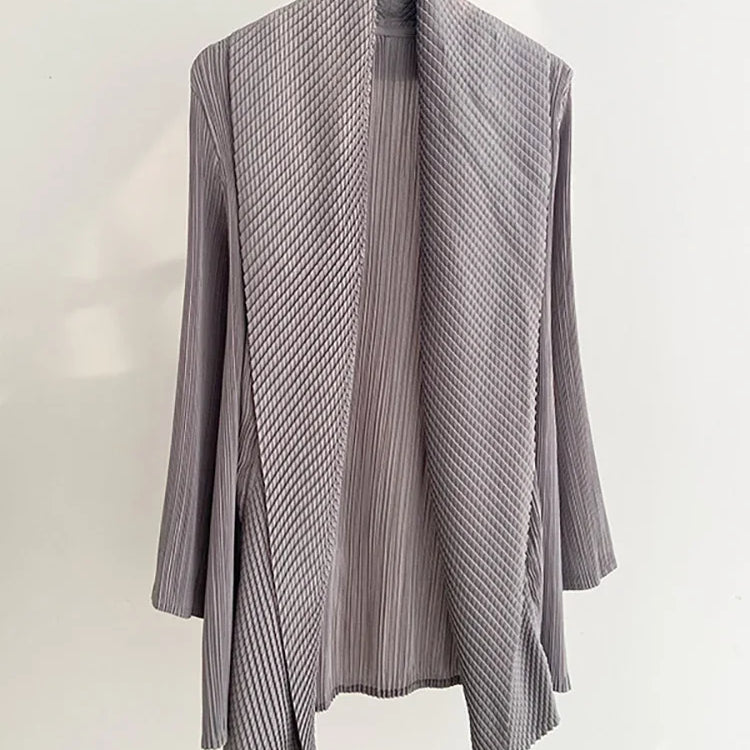 ALSEY Miyake Pleated Fashion Short Coats Women's Fall Winter New Black Loose Open Stitch Turn-down Collar Korean Jackets GRAY One Size