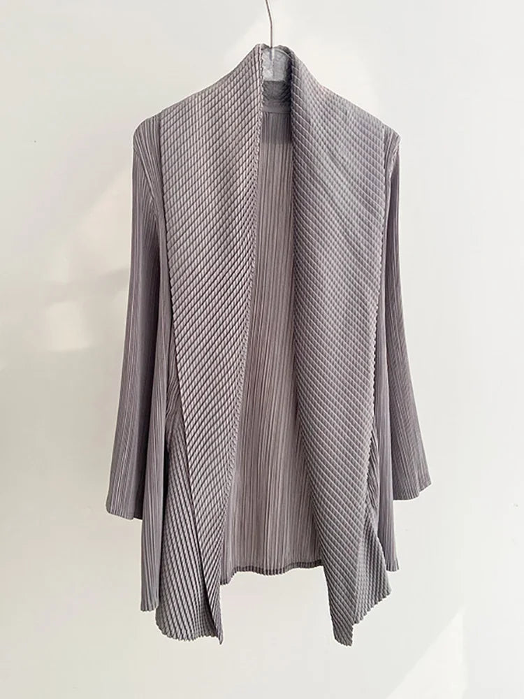 ALSEY Miyake Pleated Fashion Short Coats Women's Fall Winter New Black Loose Open Stitch Turn-down Collar Korean Jackets GRAY One Size