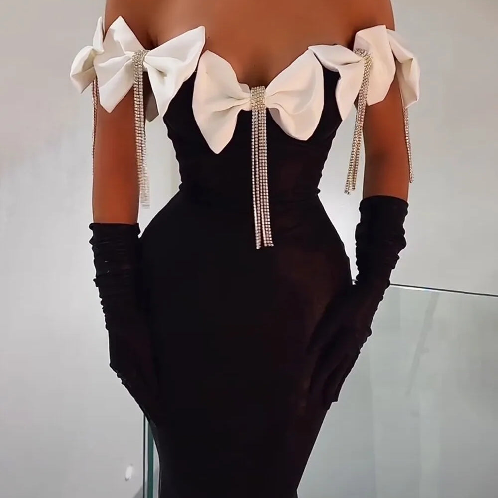 Sparkling Diamonds Tassel White Bows Sexy Off The Shoulder Ankle Lenght Bandage Dress Woman Birthday Party Vestido