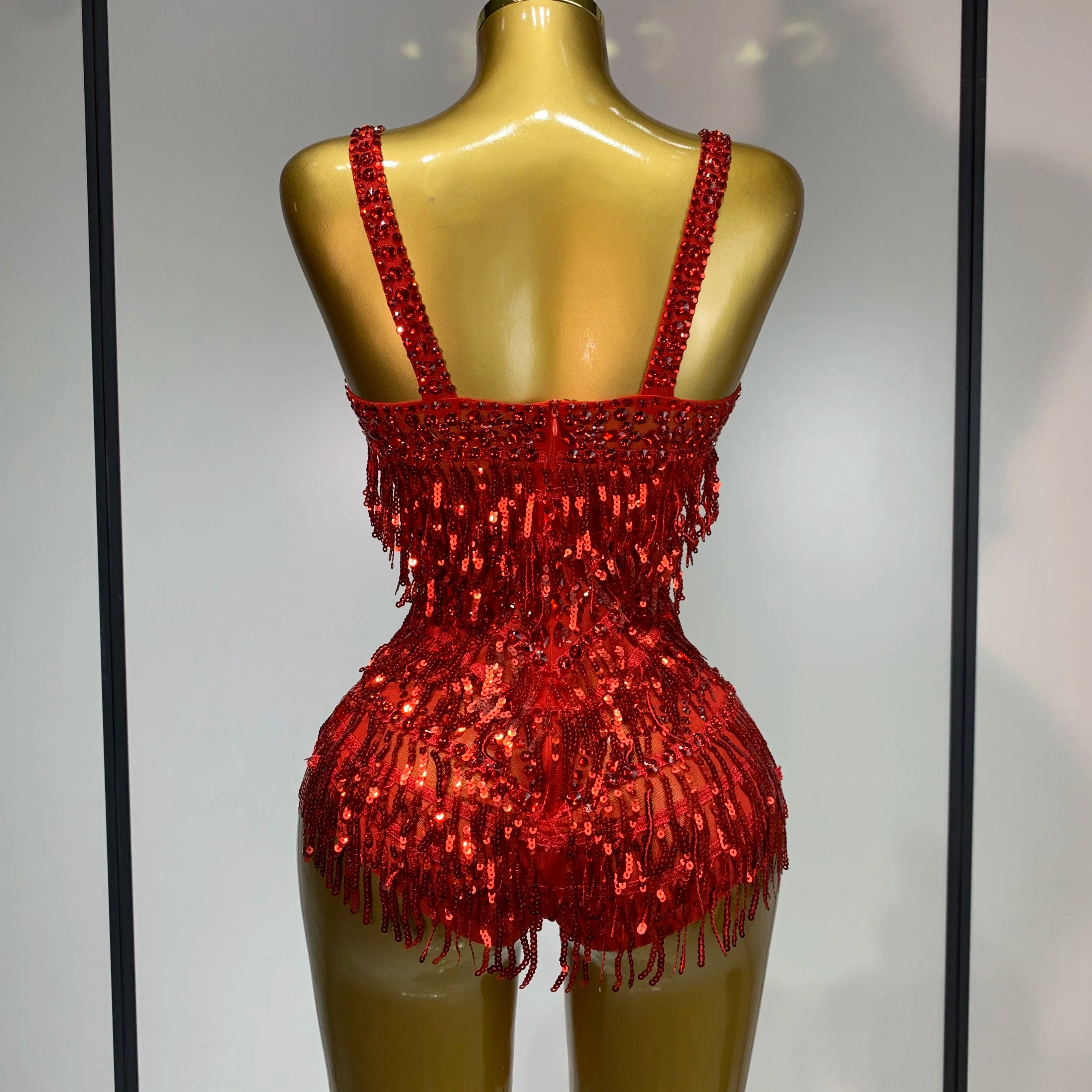 Sparkly Rhinestone Tassel Sexy Backless Mesh Bodysuit Women Luxury Birthday Party Nightclub Bar Dencer Stage performance Costume