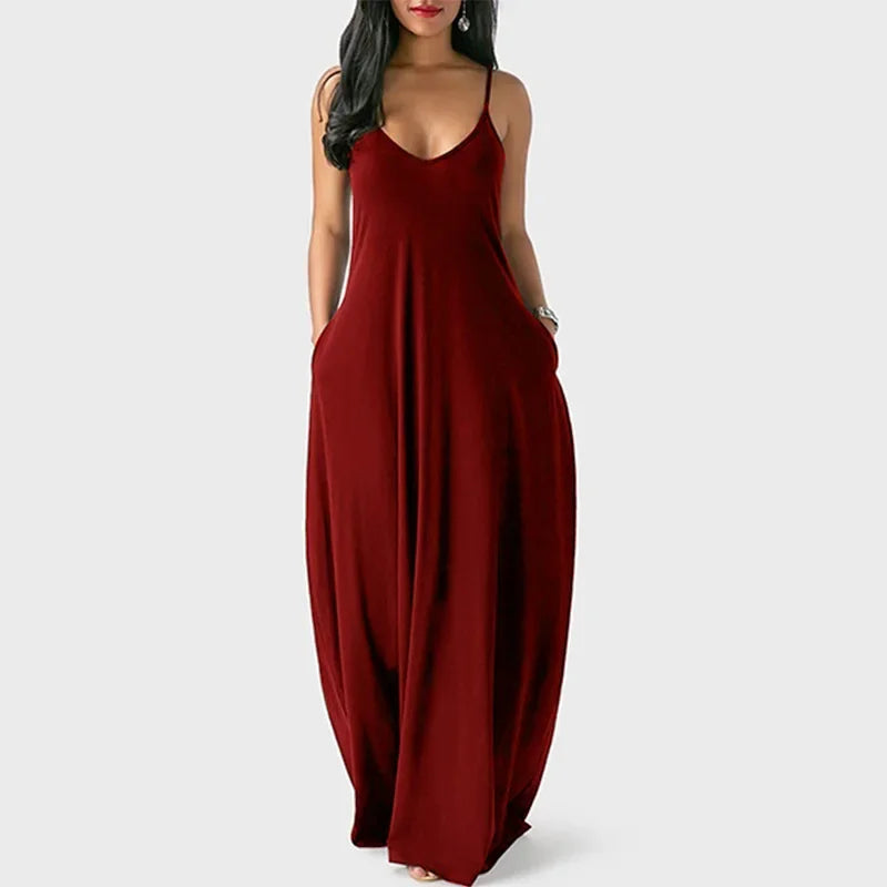 European and American Women's Cross border Summer New Product Solid Color Sexy Deep V Sling Dress Claret