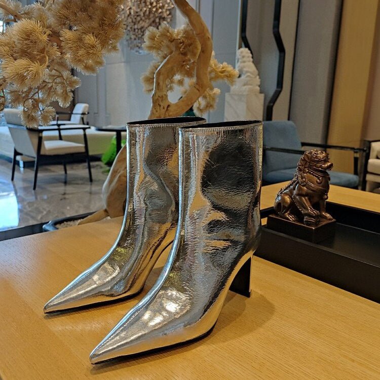 Women's New Pointed Thick Heel Sleeve Knee High Boots Fashion Fashion Show Gold Large Winter Boots 262Silver short