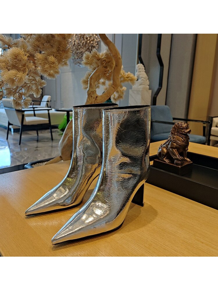 Women's New Pointed Thick Heel Sleeve Knee High Boots Fashion Fashion Show Gold Large Winter Boots 262Silver short