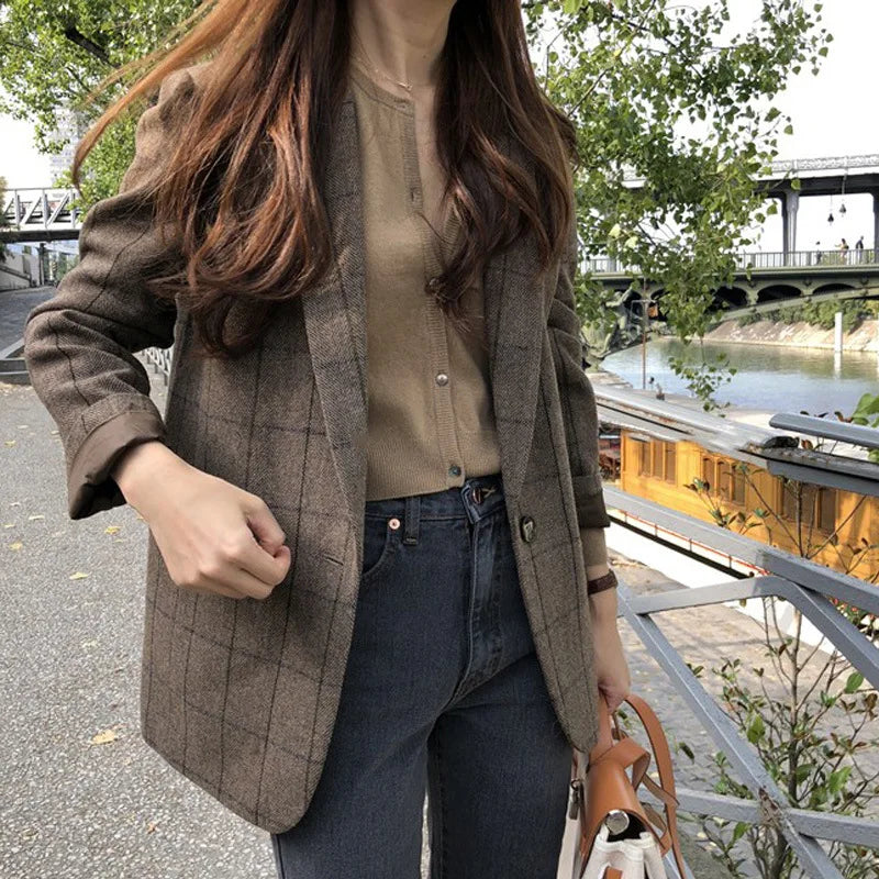 Spring Autumn Summer Plaid Blazer Women Jacket 2023 New Korean Style Slim Long Sleeve Casual Fashion Business Suit Coats Woman Coffee brown