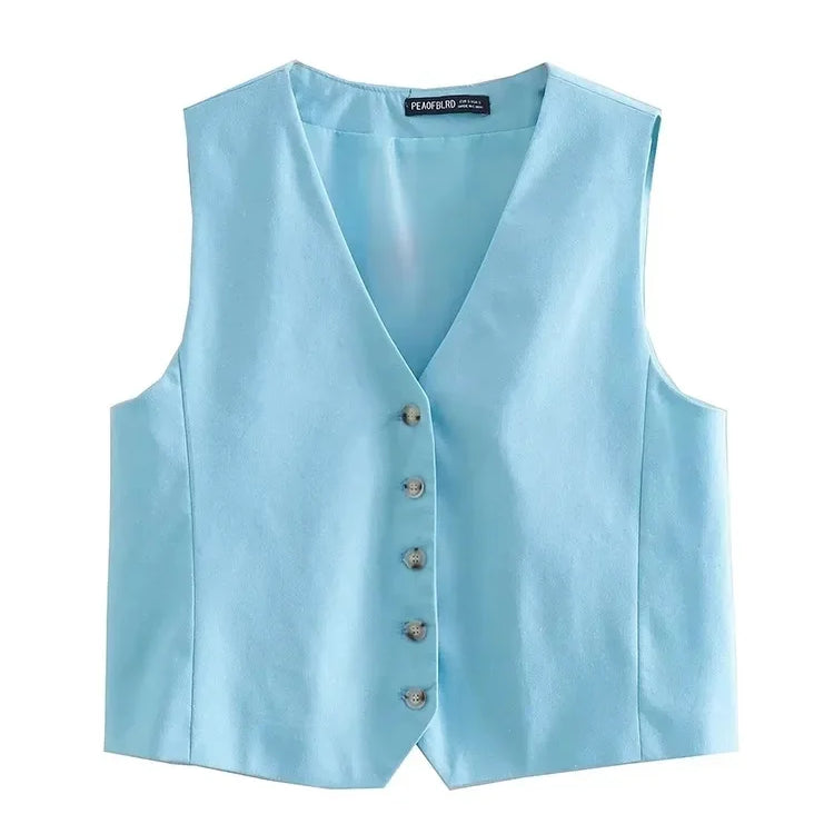 Women Blue Pants 2 Pieces Sets Fashion Linen Vest Tops+Straight Pants Office Suit Vintage Woman Two Pieces Outfit Tops