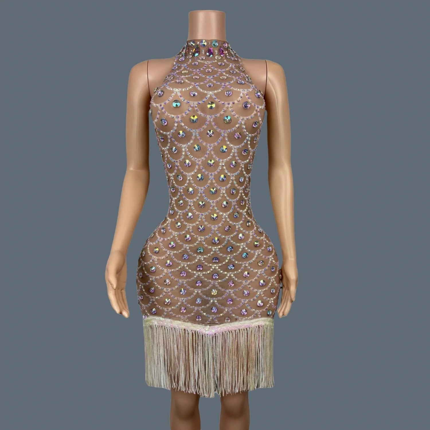 Elegant Women Luxury Sparkly Evening Dress Birthday Celebrate Party Dinners Outfit Tassel Crystals Sheer Mesh Prom Dress Langhua Nude