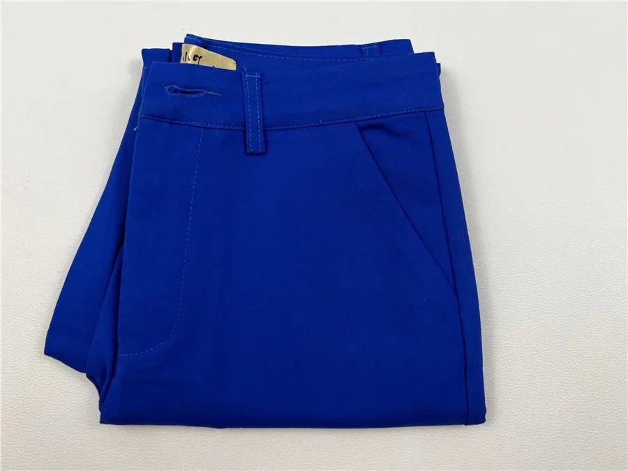 S-4xl Big Size Office Pencil Pants Womens Formal New Elegant OL Work Pantalones Elastic Cotton Slim Ankle-length Trousers blue
