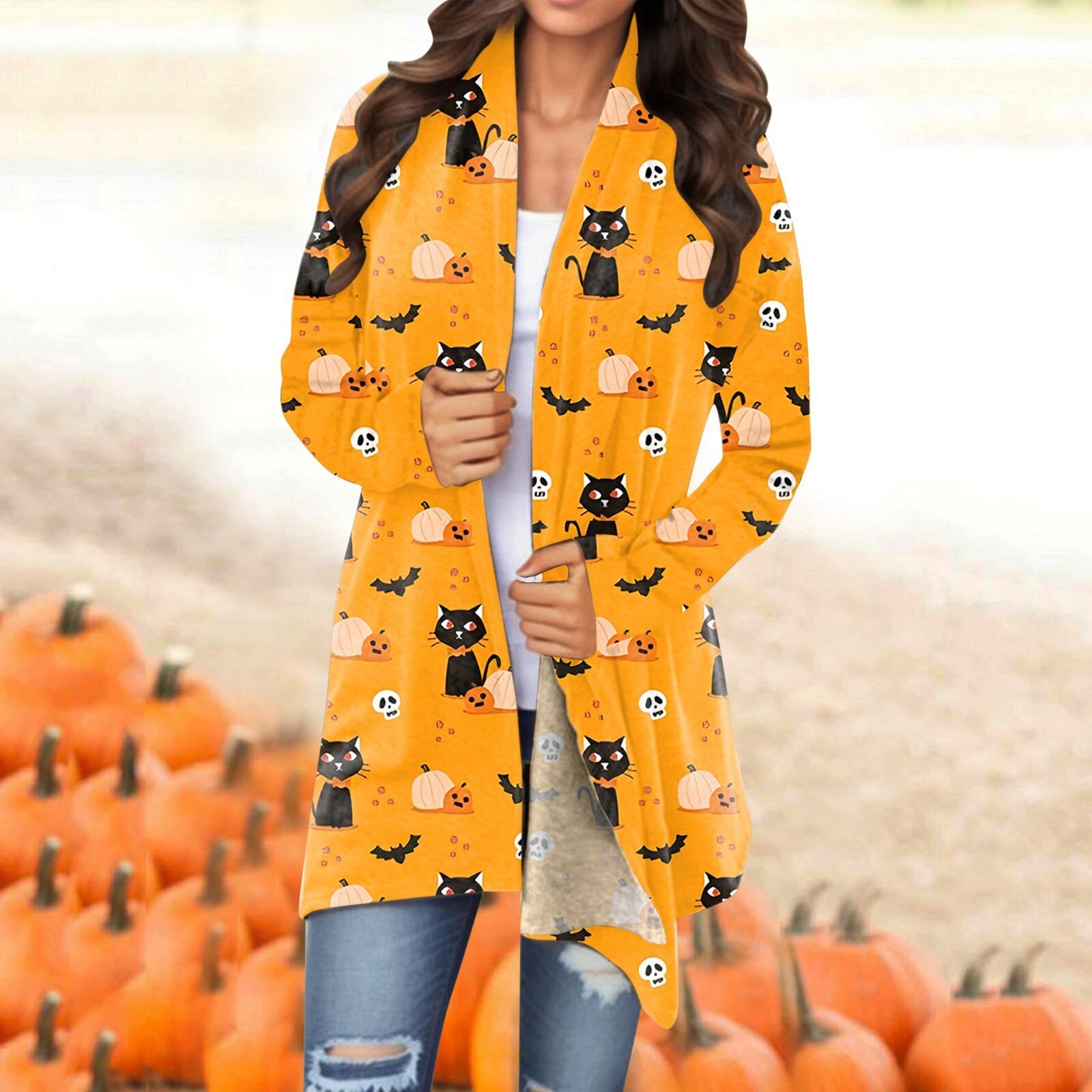 Women Halloween Cardigan Coat Fashionable Pumpkin Animal Cat Vat Printing Jacket Long Sleeve Coat Female Autumn Winter Clothes Yellow-A