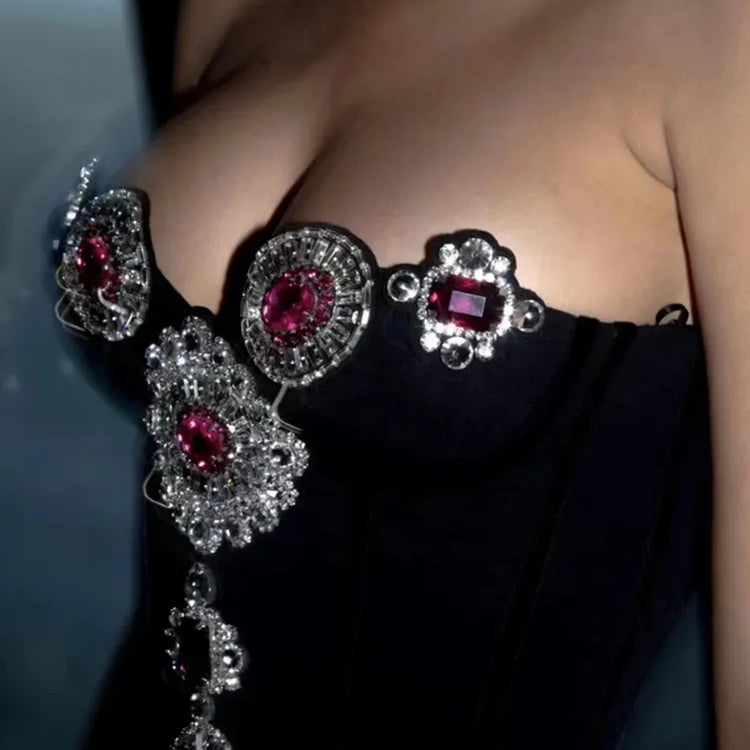 Women Luxury Sexy Strapless Backless Crystal Diamonds Black Bodycon Bandage Jumpsuit Celebrity Designer High Street Rompers