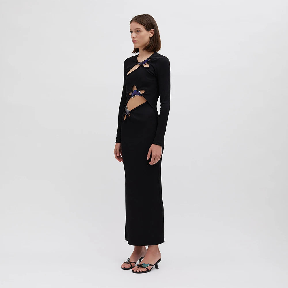 Black Color Women Long Sleeve Sexy Holes Bodycon Long Dress Fashion Celebrate Evening Party Red Carpet Dress Wholesale