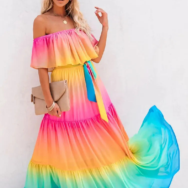 Multicolored Bohemian Ruffled Off Shoulder Self Belted Party Dress Cotton Tunic Women Boho Maxi Dresses Vestidos A324