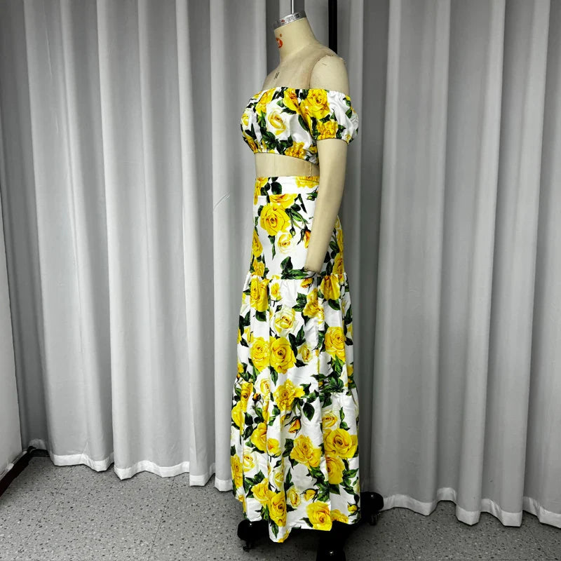 Wefads 2 Piece Set Women Stylish Floral Elegant Printed Puff Sleeve High Waist Off Shoulder Top Loose Pleated Long Skirt Sets