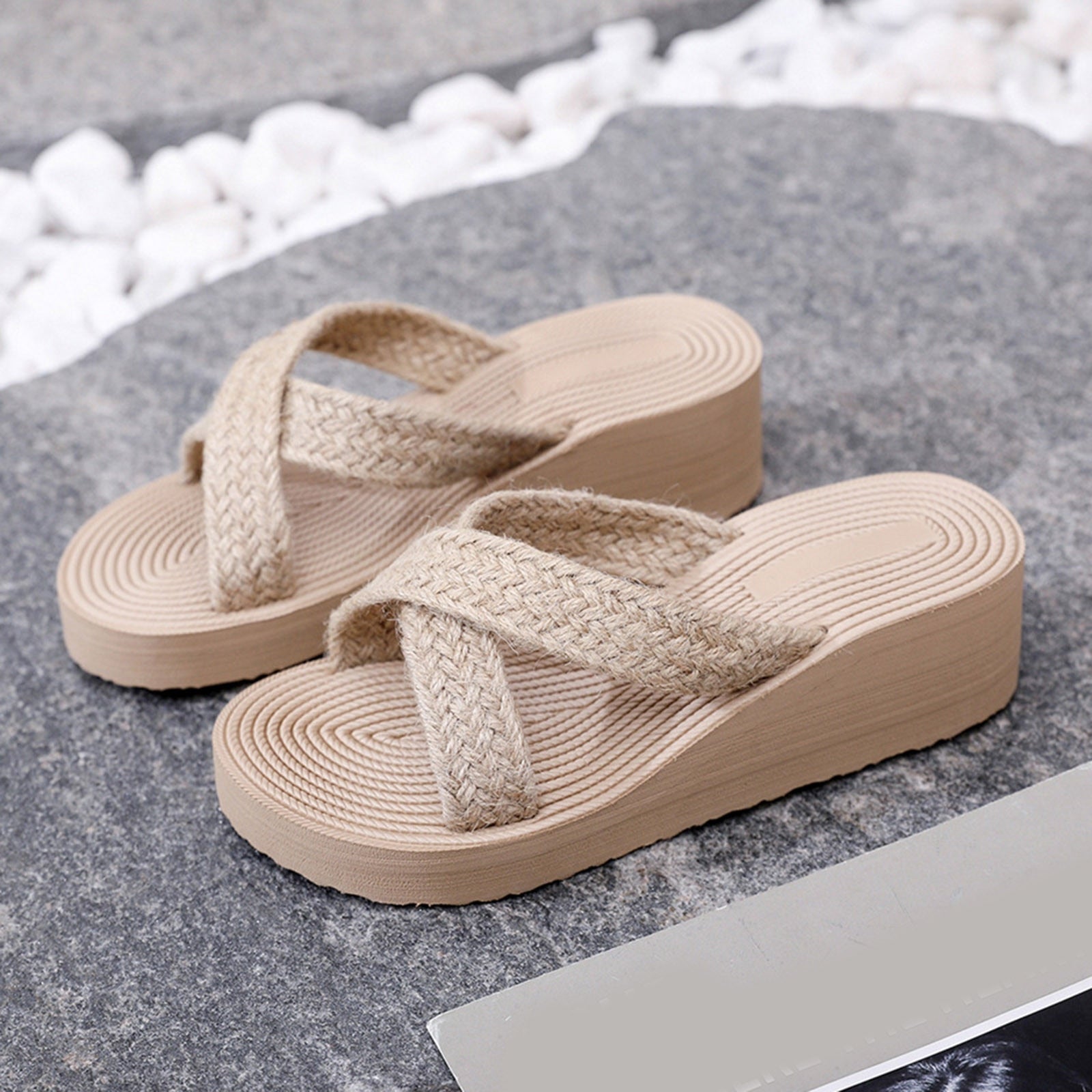 Women Wedge Heels Anti-Slip Women Slipper Summer Thick Bottom Sandals Platform Slippers Soft Fashion Shoes Non-Slip Beach Slides Beige