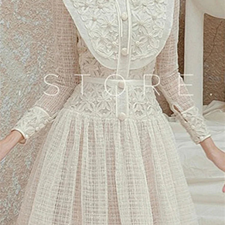 Autumn Spring Boho Elegant Party Luxury Dresses Women Dress Embroidery Lace Runway Vintage High Waist Long Sleeve Vestido
