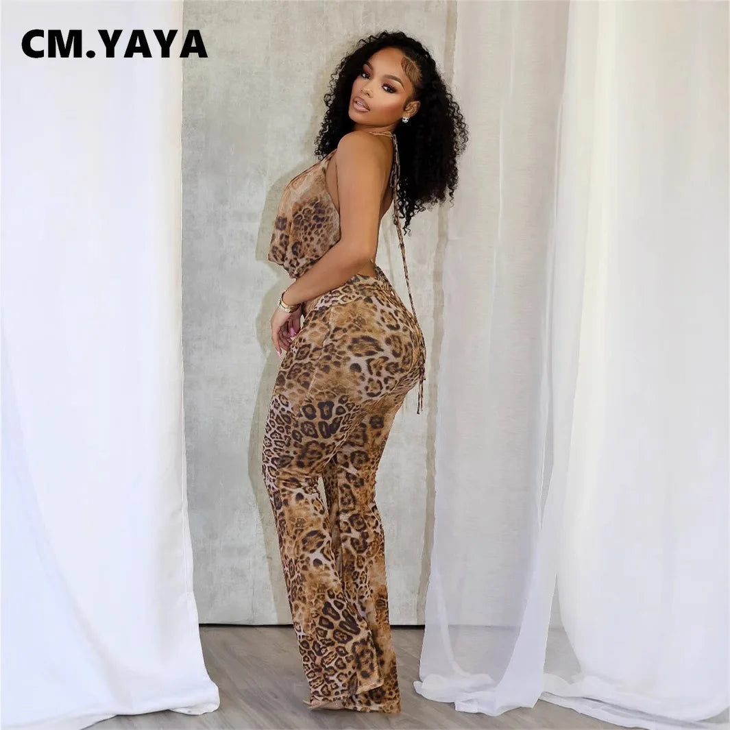 Women's Set Sleeveless Halter V-neck Leopard Print Top + Pants Suit 2025 Sexy Slim Night Party Two 2 Piece Sets Outfits
