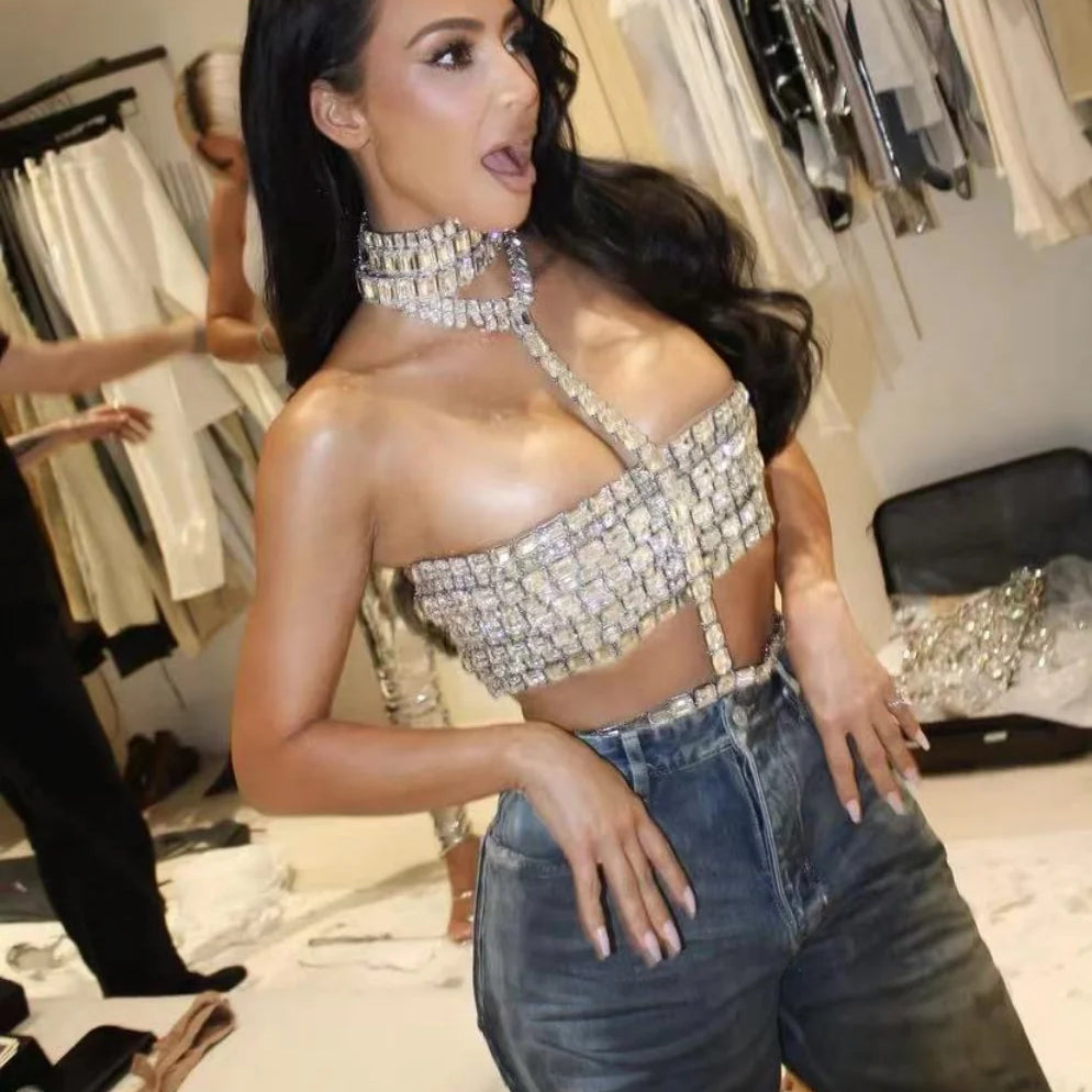 Ready To Ship Bandage Women Sexy Halter Big Crystal Bodycon Tops Celebrity Fashion Red Carpet Nightclub Party Wear Hot Sale