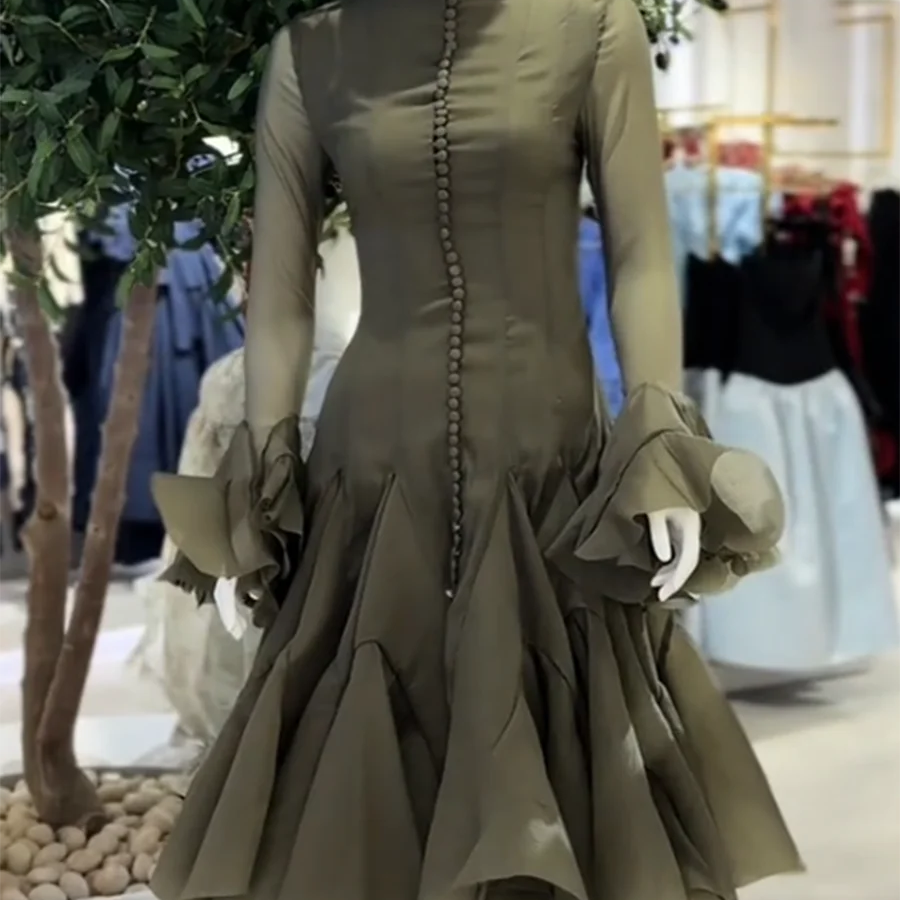 Solid Spliced Button Slimming Dresses For Women O Neck Long Sleeve High Waist Patchwork Ruffles Female Fashion New GREEN