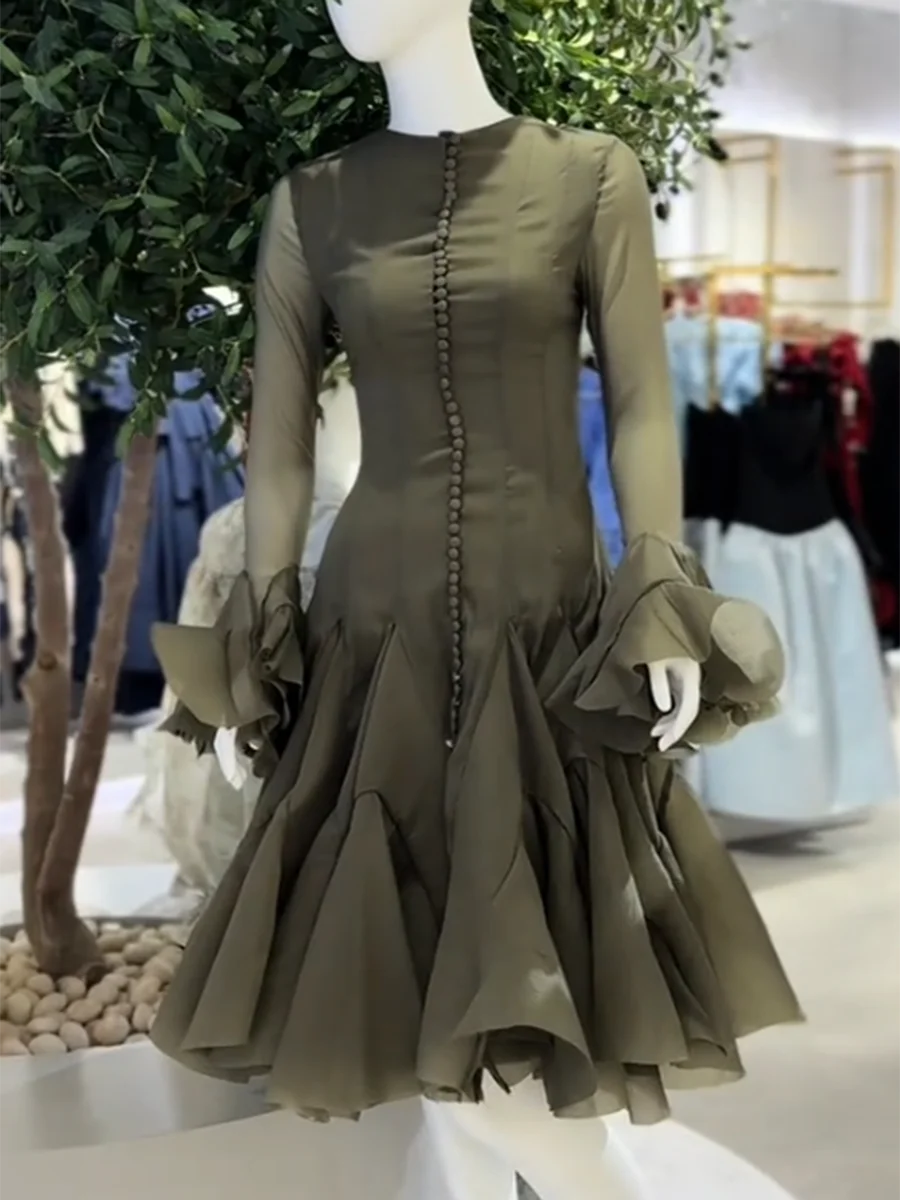 Solid Spliced Button Slimming Dresses For Women O Neck Long Sleeve High Waist Patchwork Ruffles Female Fashion New GREEN