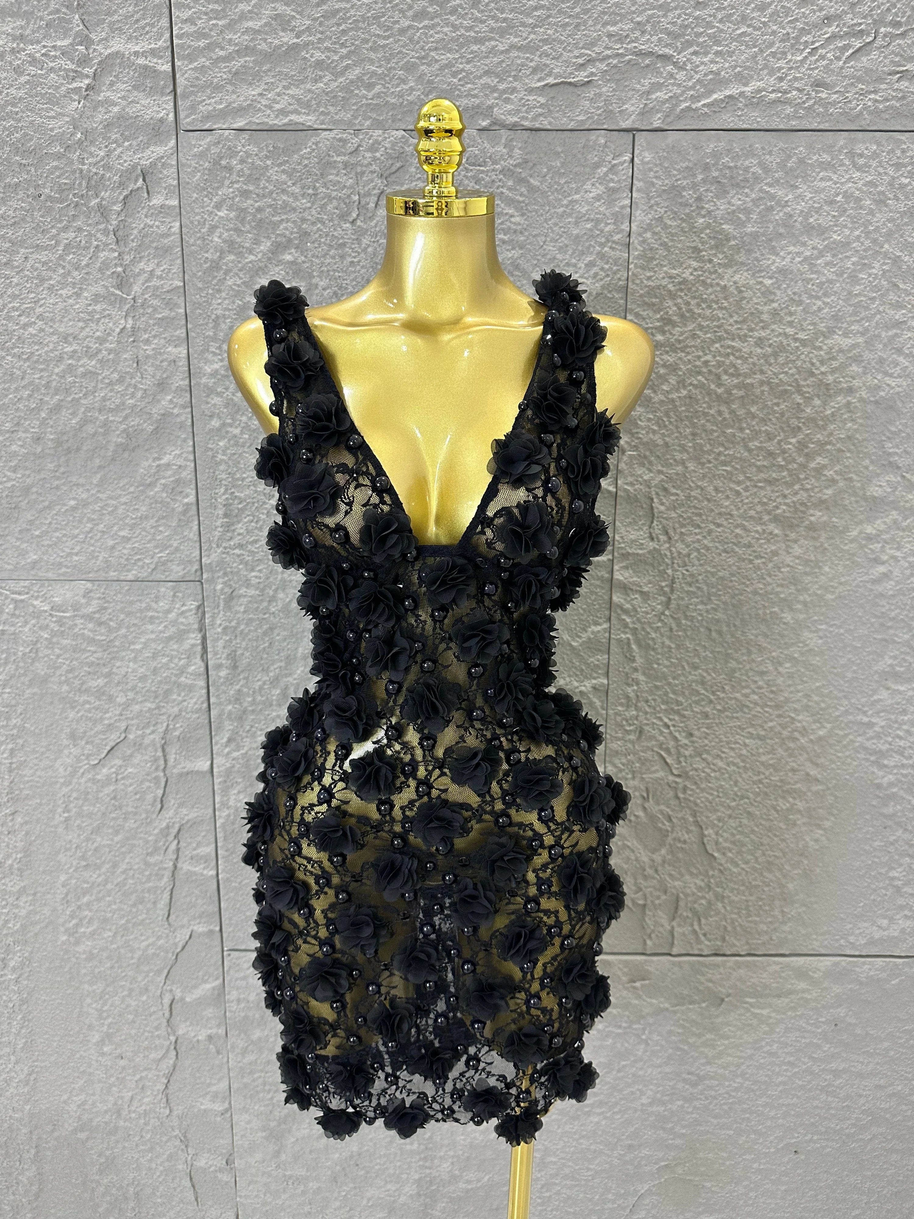 Luxury Black Sheer Mesh Floral Appliqué Mini Dress Deep V Neck Fitted Bodycon Formal Dinner Cocktail Event Party Dress black