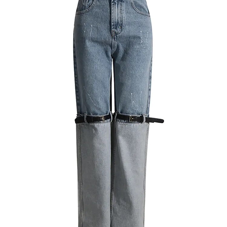 Jean taille haute pour femmes, Long, droit, couleur contrastée, épissure des genoux, ceinture en cuir PU, pantalon en Denim, automne 2024