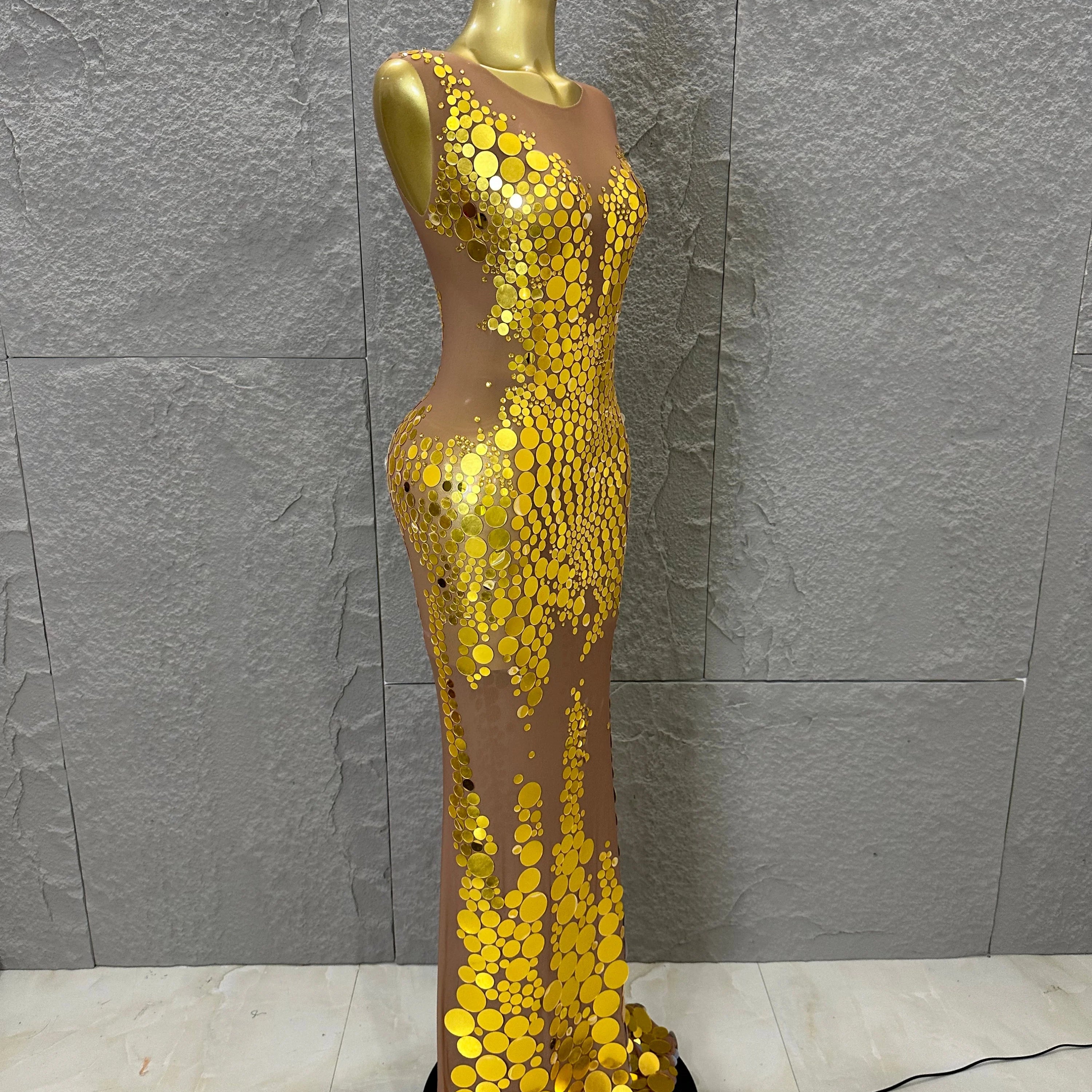 Opulent Nude Sleeveless Women Gold Sequin Dot Embellished Bodycon Stage Performance Costume Formal Event Party Costume