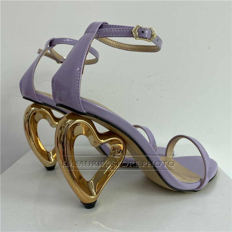 Unique Fretwork Heart-Shaped Heel Sandals Women 2024 Concise One-strap Strange Heels Summer Party Shoes Woman