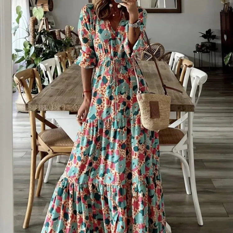 Spring Autumn Flower Print Long Dresses For Women Casual Holiday A-line Beach Dress Fashion Elegant Bohemian Style Maxi Vestidos