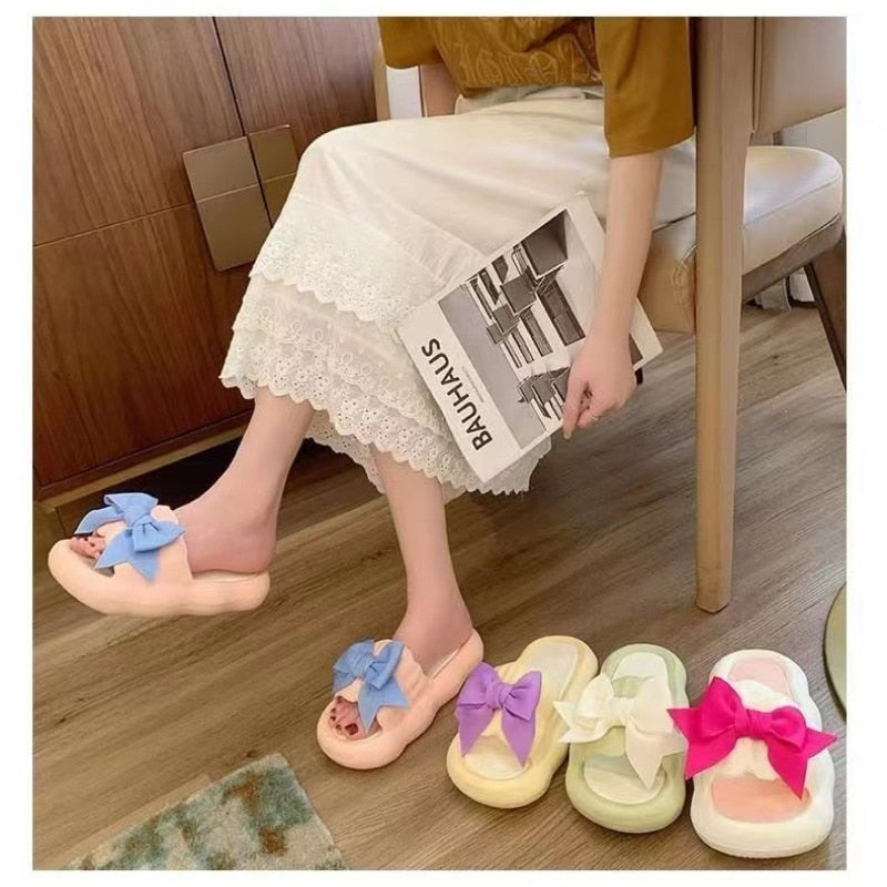 Slipper Women Men Summer Thick Bow Tie Slippers Women Indoor Home Sandals Couples Bathroom Slides Non-slip Soft House Slippers