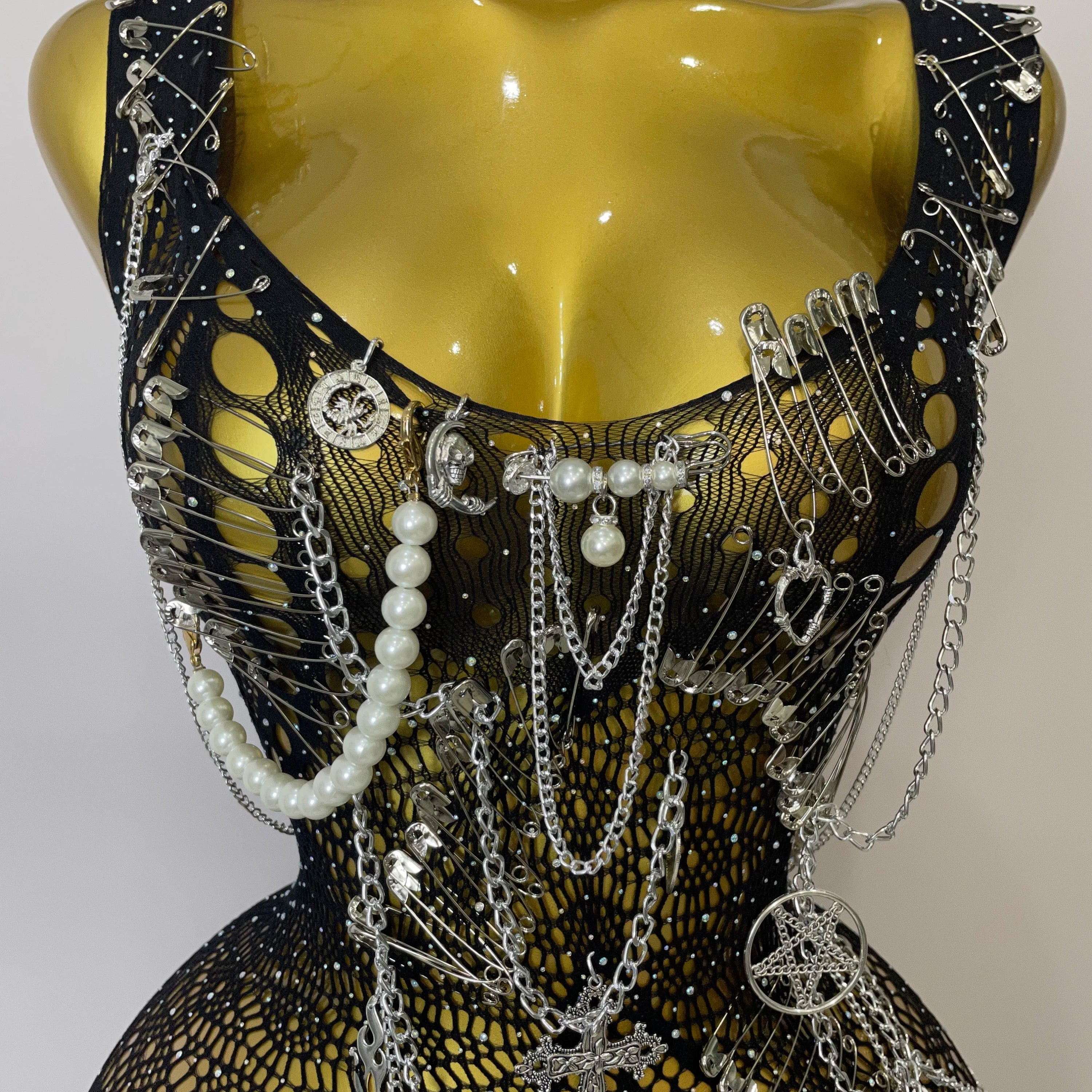 Women Sexy See-Through Bodysuit Black Pin Sheath Mini Dress Evening Birthday Party Nightclub Singer Dancer Performance Costume