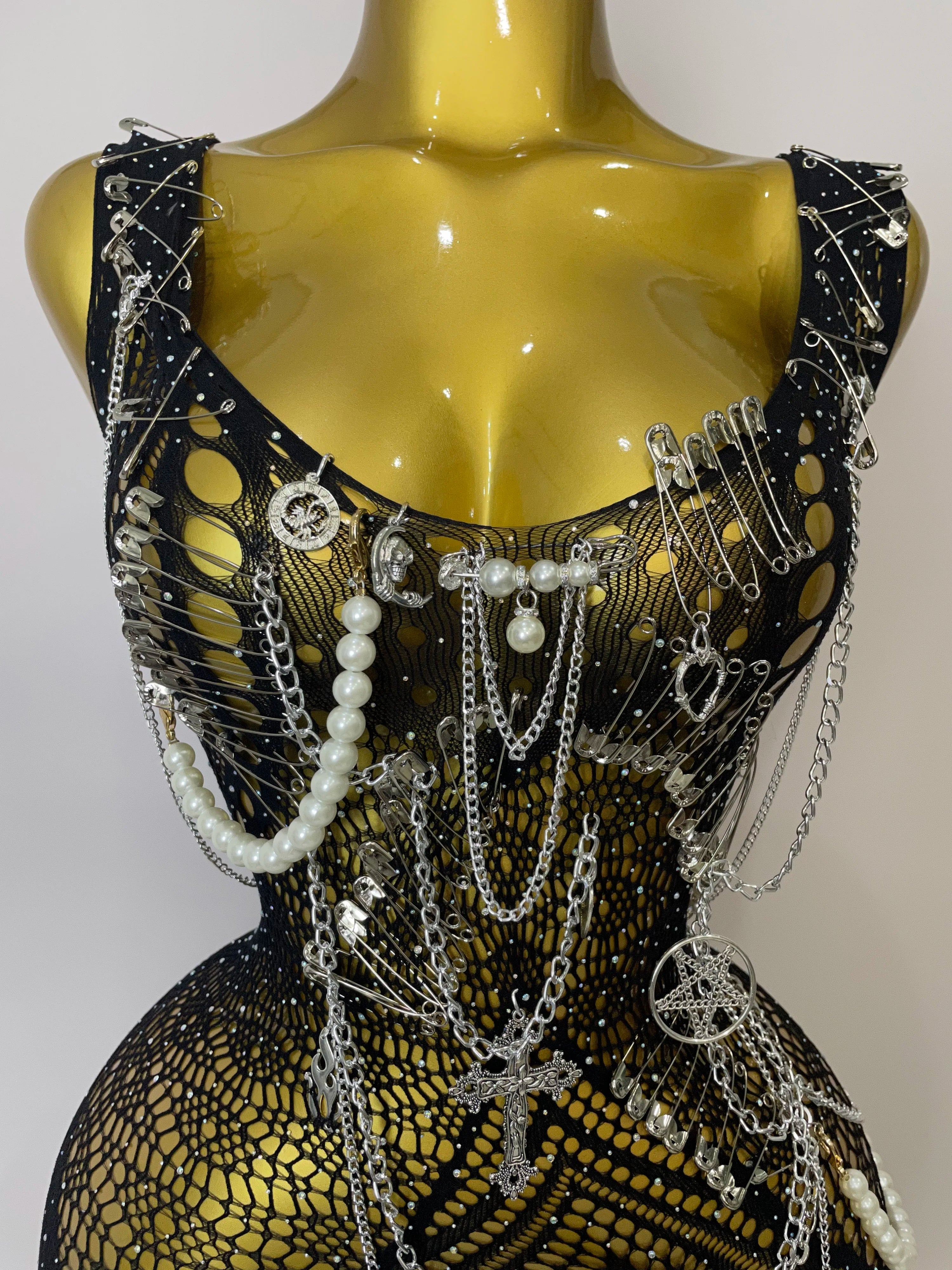 Women Sexy See-Through Bodysuit Black Pin Sheath Mini Dress Evening Birthday Party Nightclub Singer Dancer Performance Costume