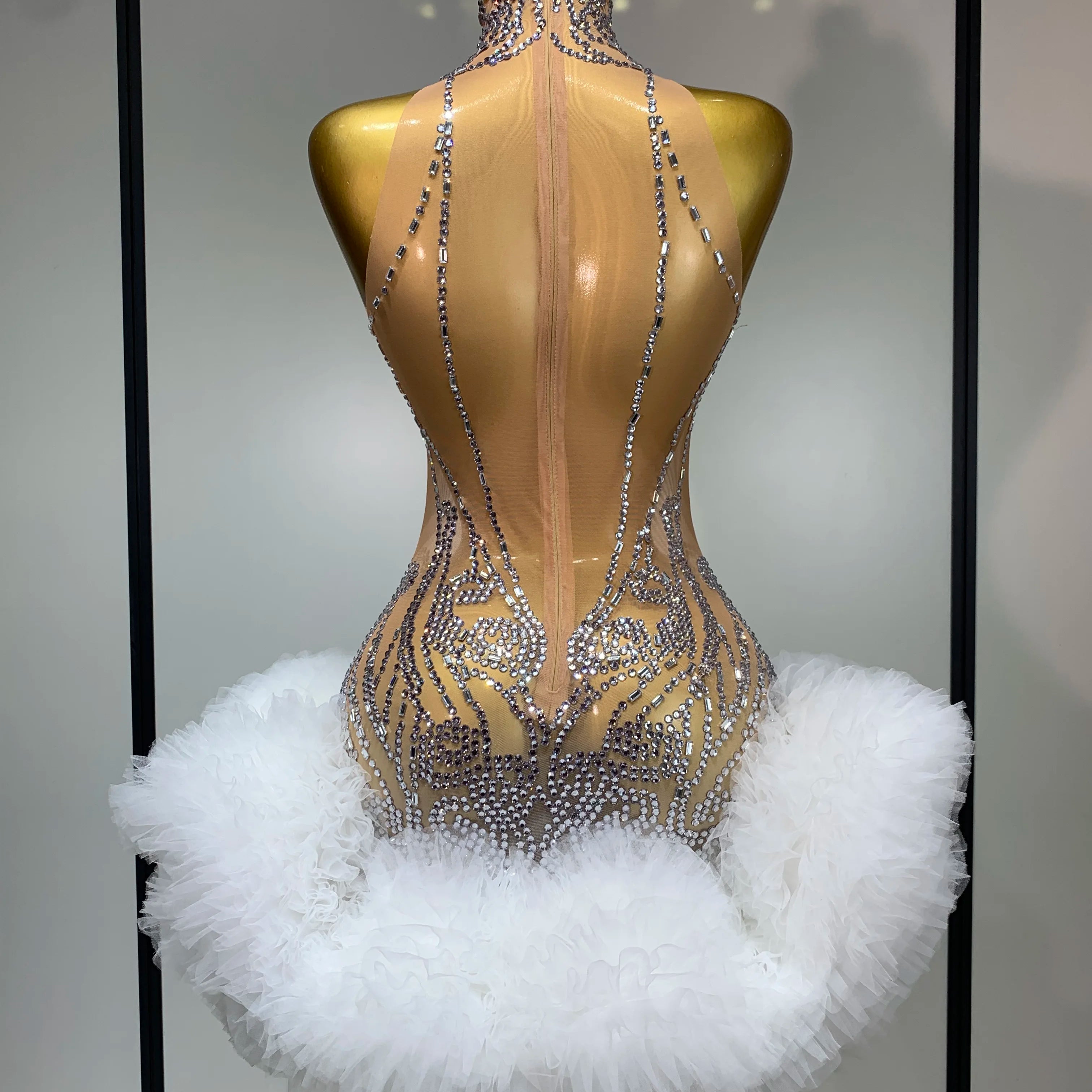 Luxury Women Sexy Sparkly Rhinestone Sleeveless Mesh See Through Bodycon Mini Birthday Dress Evening Party Performance Costume