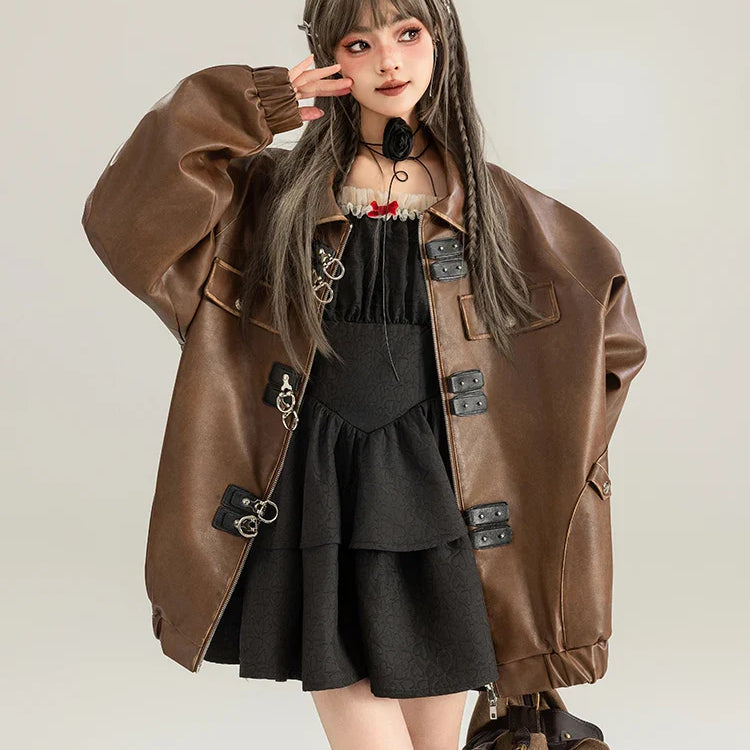 Spring Vintage Oversized Distressed Brown Pu Leather Jacket Women Long Sleeve Luxury Designer Maillard Style Clothing